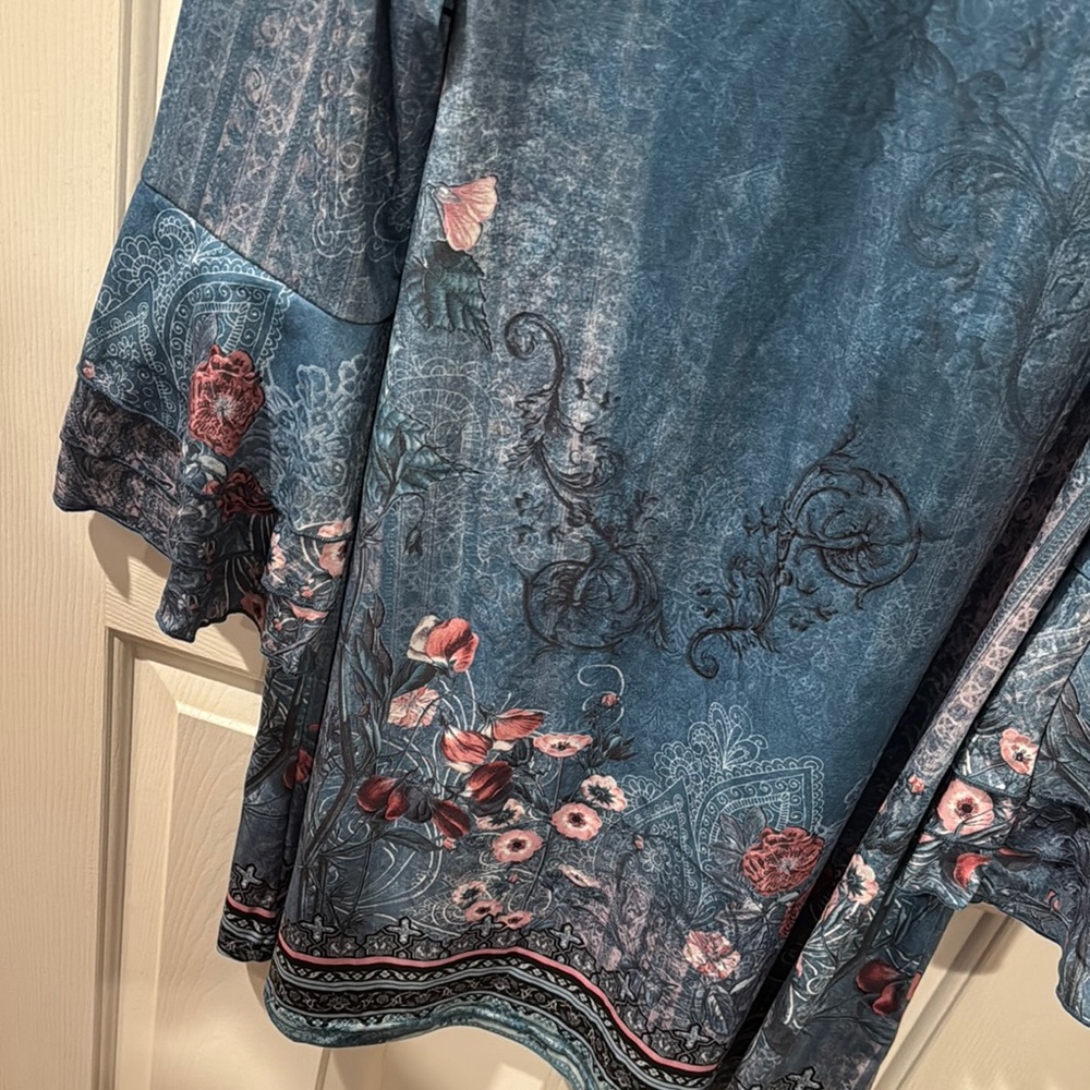 Blue and Pink Bell Sleeve Dress with Ruffled Details - Picture 2 of 3